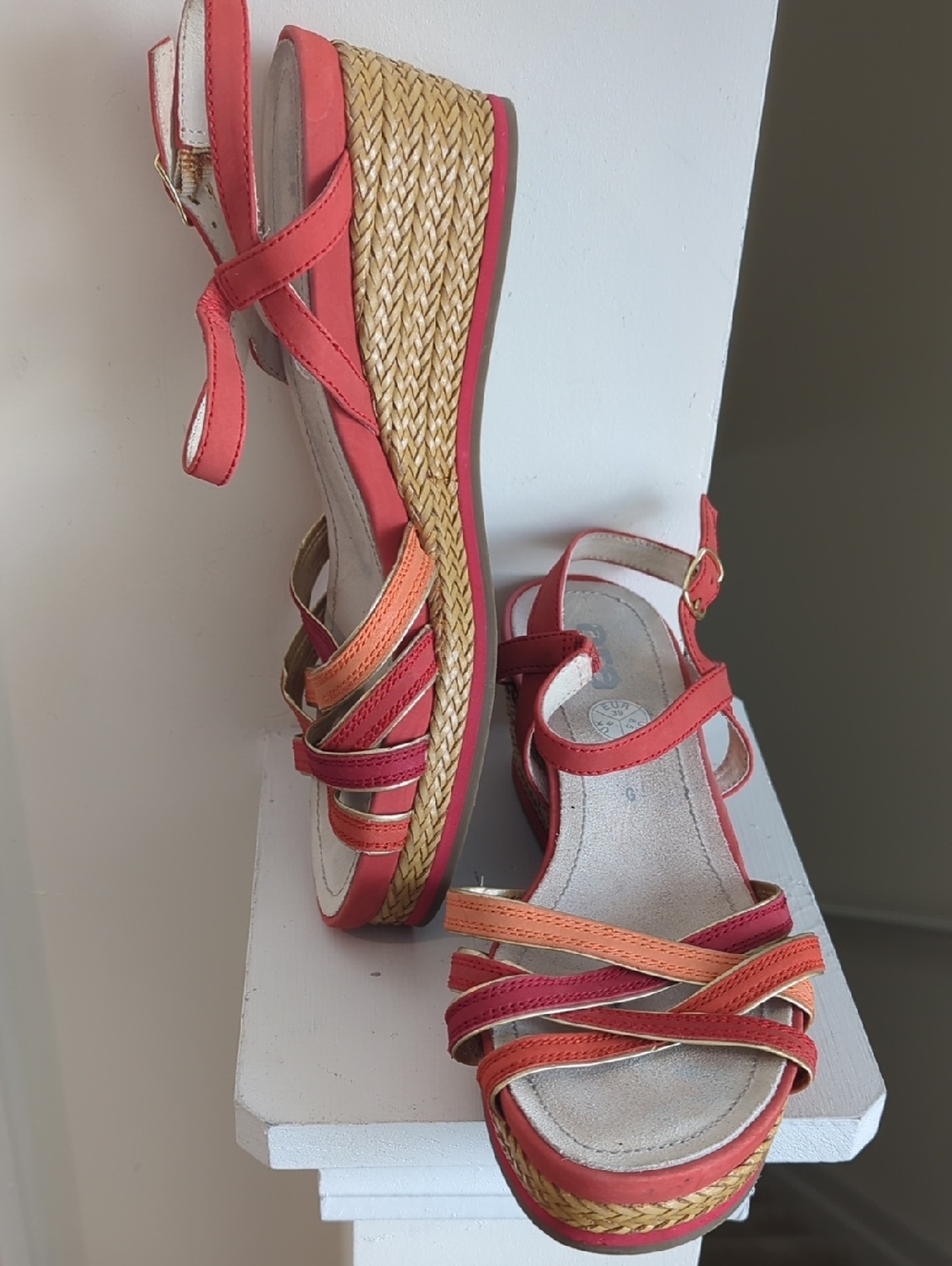 Ara Coral and Orange Multi‑Strap Wedge Sandals